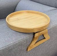 Round Bamboo Sofa Armrest Tray – Portable Wooden Side Table for Couch & Bed